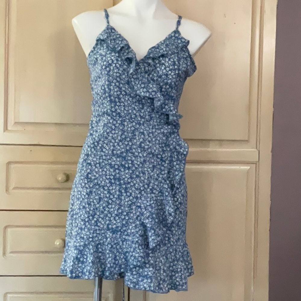 SHEIN Wrap Dress Size XL (12) Blue White Floral Ruffle hem Boho